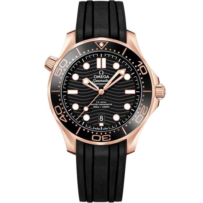 Omega Seamaster Diver 300M 42mm Black dial Sedna Gold black rubber strap 210.62.42.20.01.002 - WATCHXNYC
