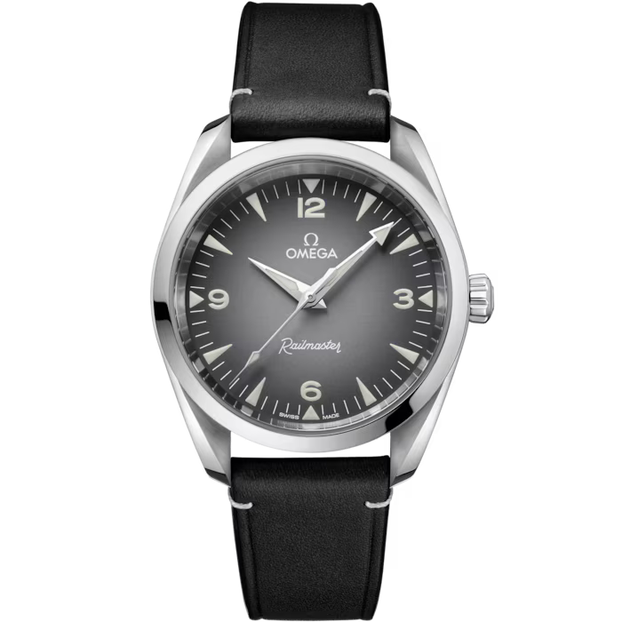 OMEGA Seamaster Railmaster 38mm Grey Dial Steel Black Leather strap 235.12.38.20.06.001 - WATCHXNYC