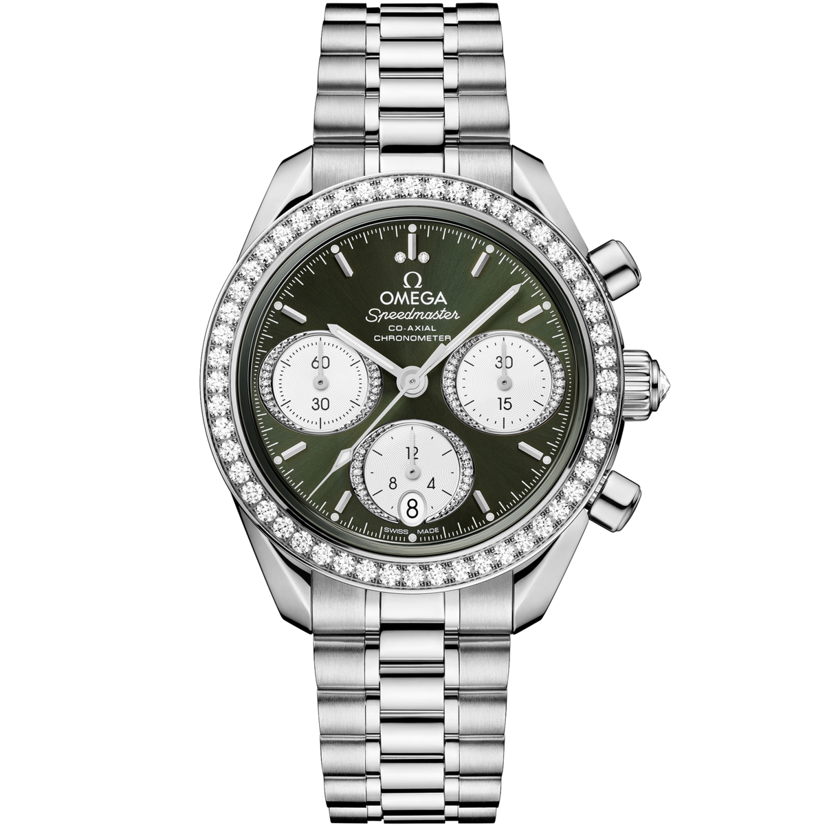 Omega Speedmaster 38  Green Dial 38 mm  with Diamonds  Stainless Steel Bracelet 324.15.38.50.60.001 - WATCHXNYC