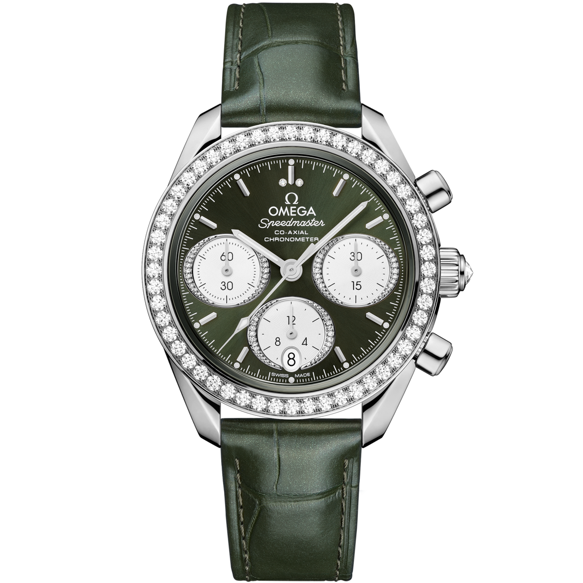 Omega Speedmaster 38  Green Dial 38 mm  with Diamonds  Stainless Steel Strap 324.18.38.50.60.001 - WATCHXNYC