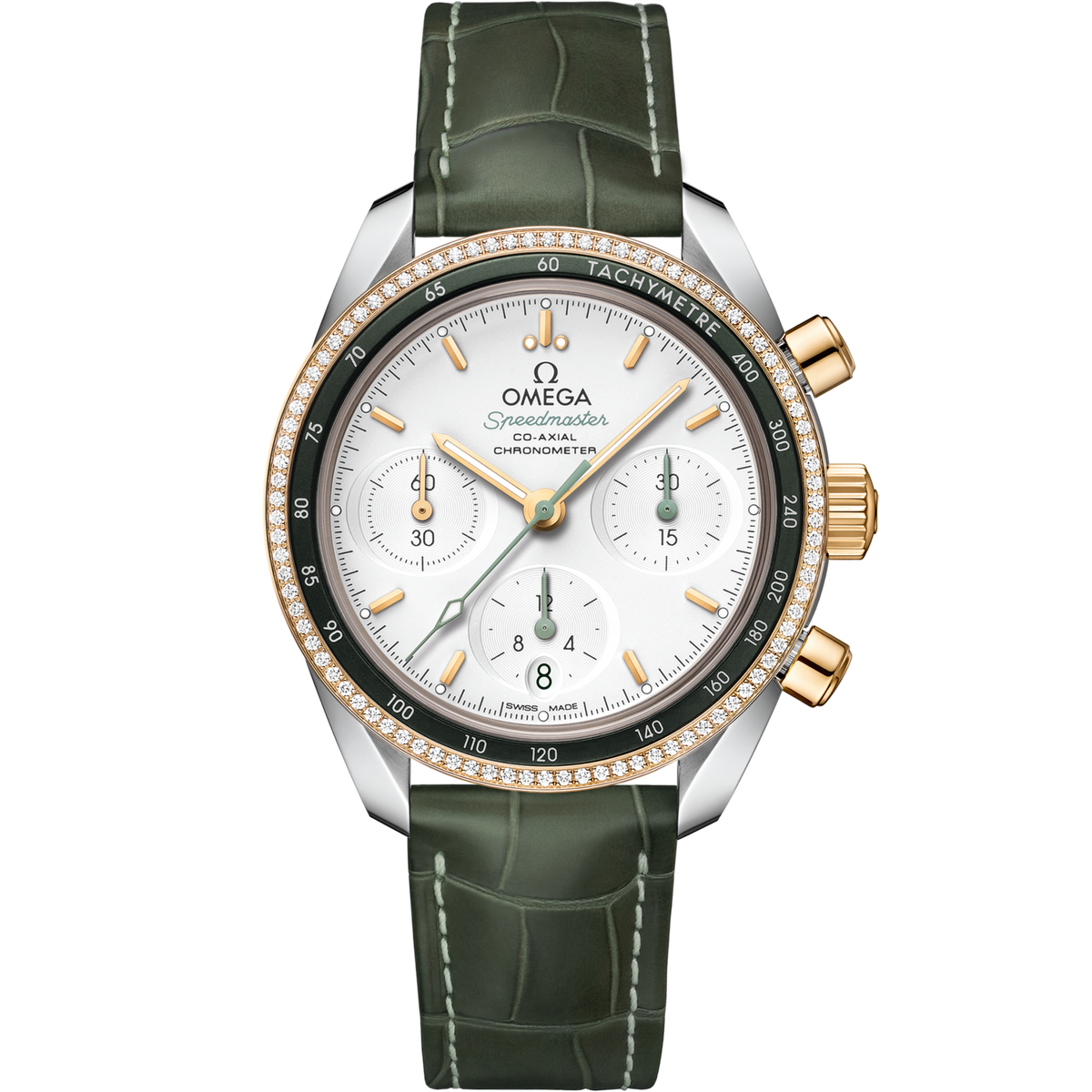 Omega Speedmaster 38  Silver Dial 38 mm  with Diamonds  Stainless Steel 18k Yellow Gold Strap 324.28.38.50.02.001 - WATCHXNYC