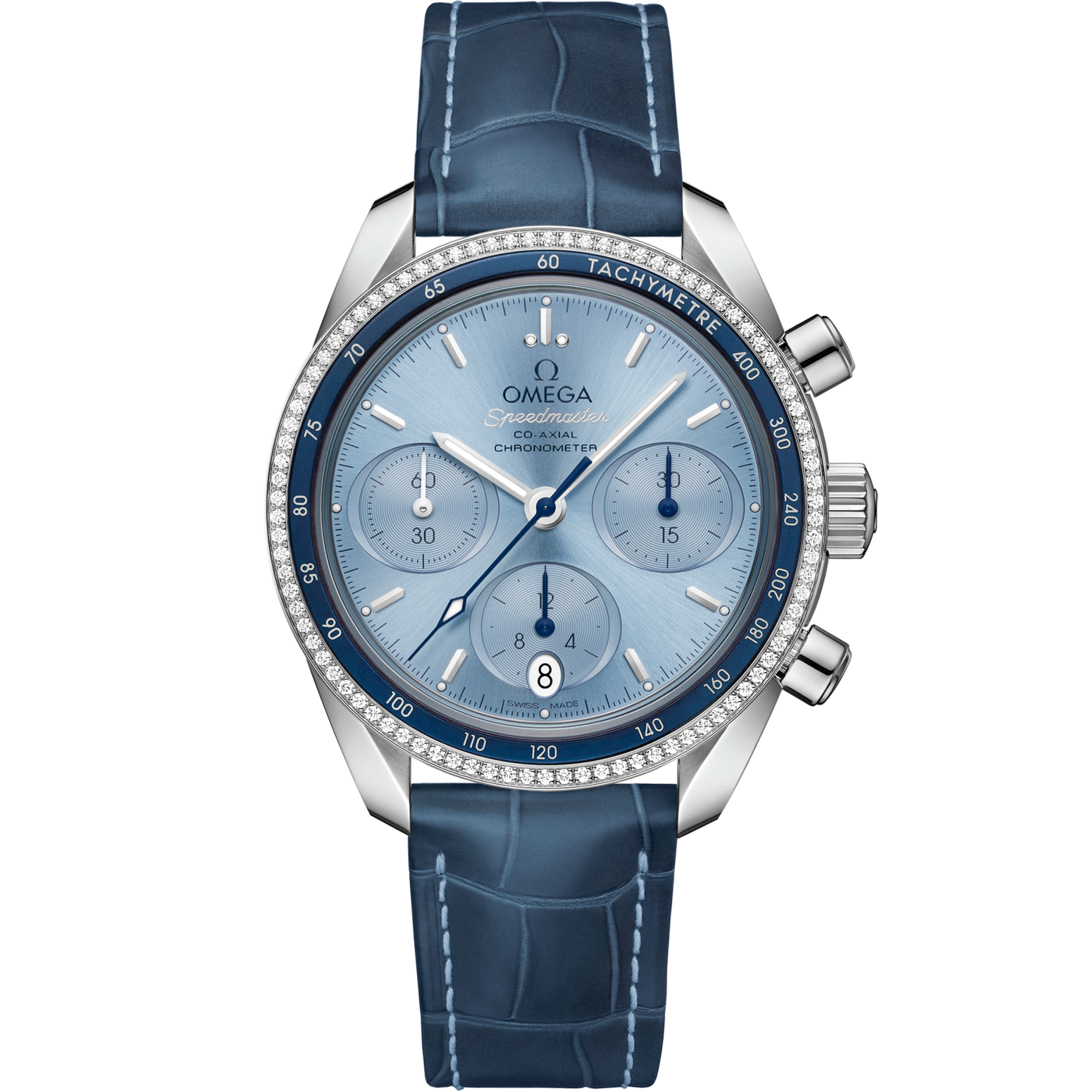 Omega Speedmaster 38  Blue Dial 38 mm  with  Diamonds  Stainless Steel  Strap 324.38.38.50.03.001 - WATCHXNYC