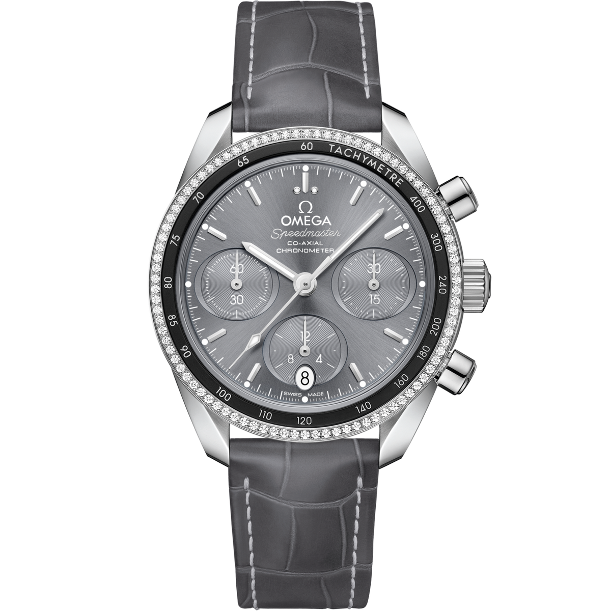 Omega Speedmaster 38  Grey Dial 38 mm  with Diamonds  Stainless Steel  Strap 324.38.38.50.06.001 - WATCHXNYC