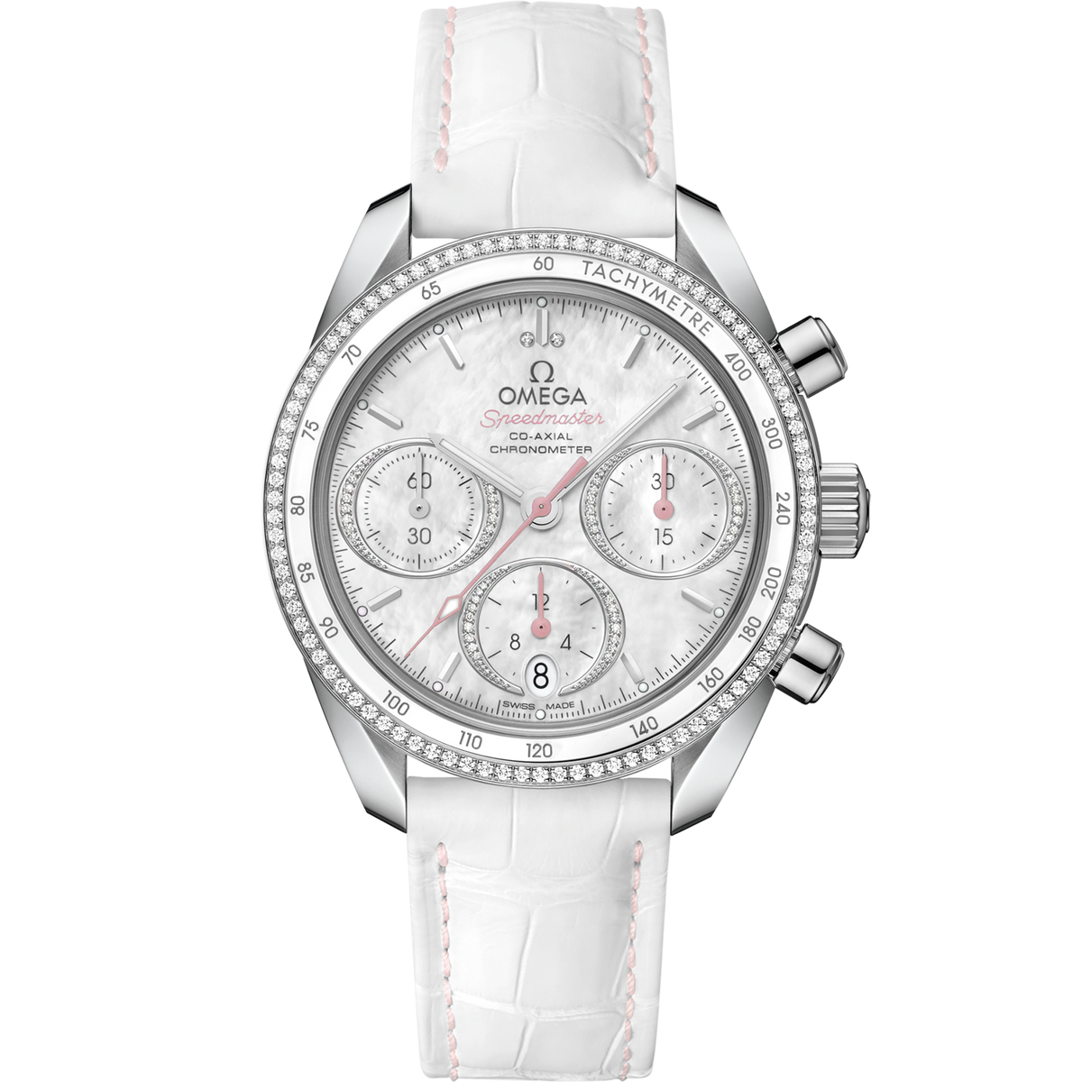 Omega Speedmaster 38  White Dial 38 mm  with Diamonds  Stainless Steel  Strap 324.38.38.50.55.001 - WATCHXNYC