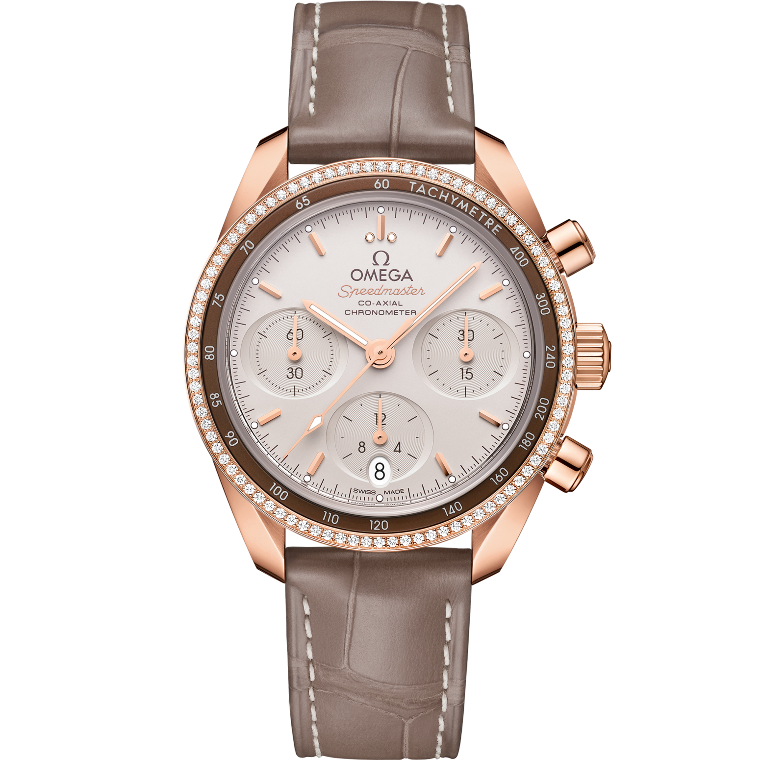 Omega Speedmaster 38 Silver Dial with Diamonds 38 mm Sedna™18k Rose Gold Strap 324.68.38.50.02.003 - WATCHXNYC