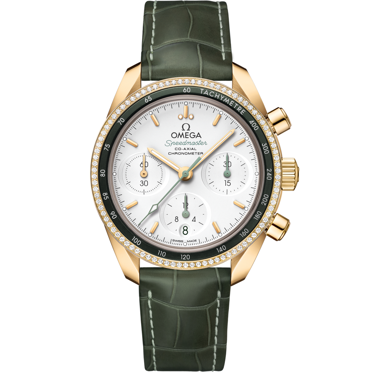 Omega Speedmaster 38  Silver Dial 38 mm  with Diamonds  18k Yellow Gold Strap 324.68.38.50.02.004 - WATCHXNYC
