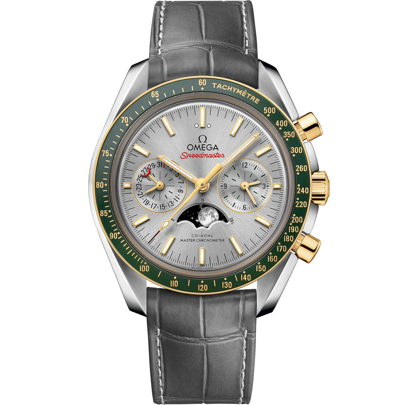 Omega Speedmaster  Moonphase  Grey Dial 44.25 mm  Stainless Steel  18k Yellow Gold Strap 304.23.44.52.06.001 - WATCHXNYC
