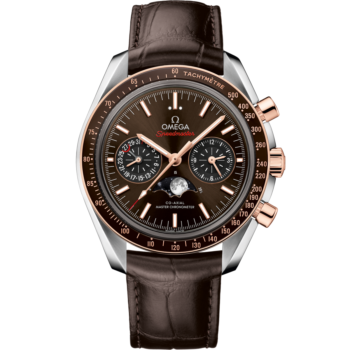Omega Speedmaster  Moonphase  Brown Dial 44.25 mm  Stainless Steel  Sedna™ gold Strap 304.23.44.52.13.001 - WATCHXNYC