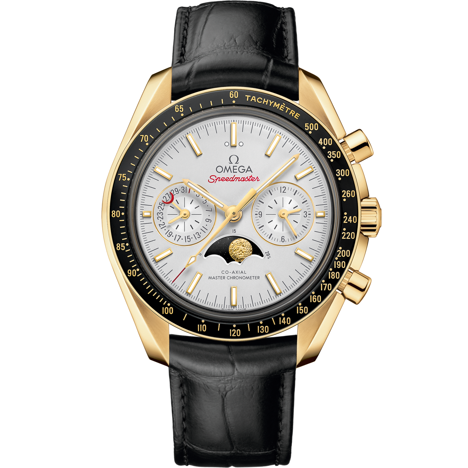 Omega Speedmaster  Moonphase  Silver Dial 44.25 mm  18k Yellow Gold Strap 304.63.44.52.02.001 - WATCHXNYC