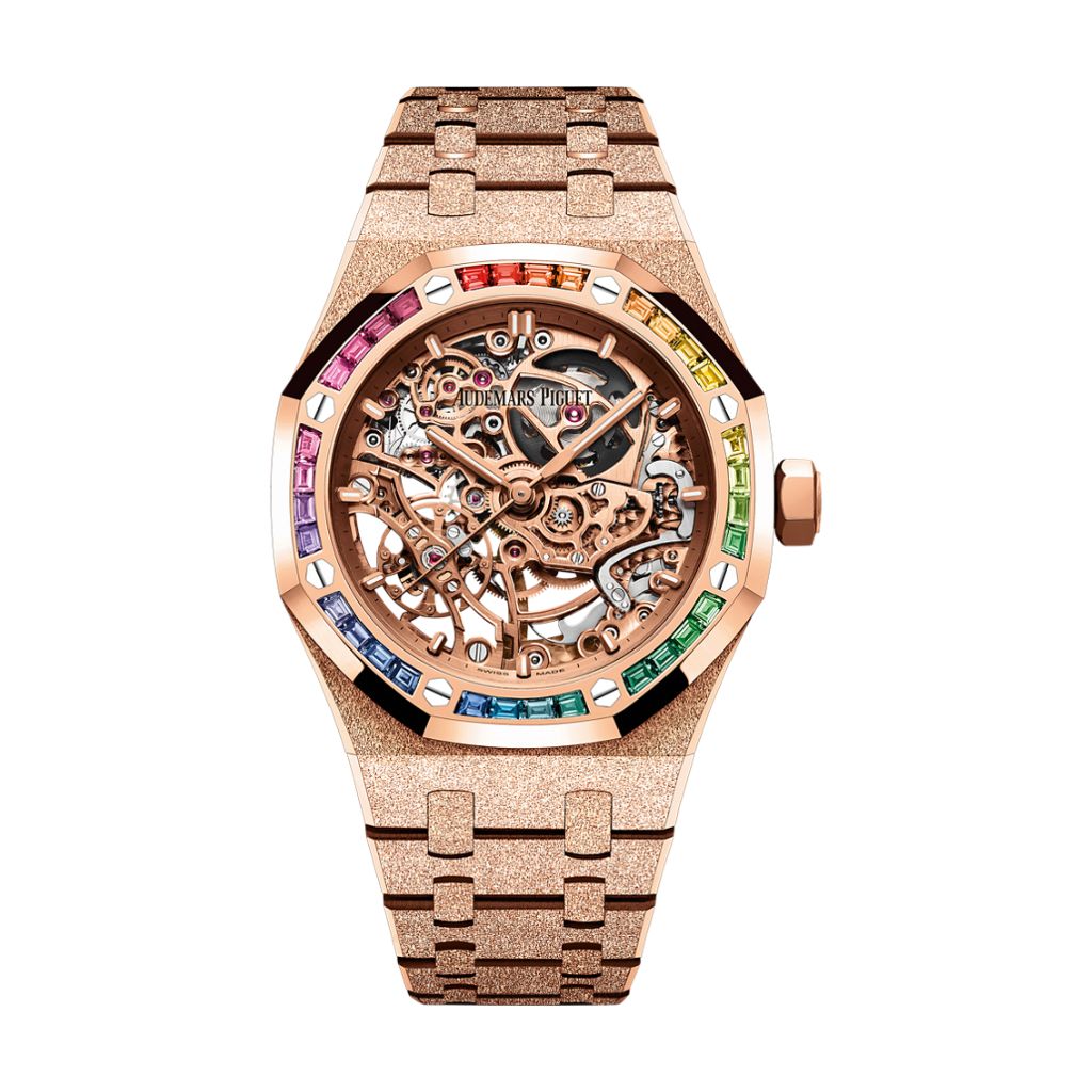 Audemars Piguet Royal Oak Frosted Gold Double Balance Wheel Openworked 37 mm Transparent Dial with Diamonds 18-Carat Pink Gold Bracelet 15468OR.YG.1259OR.01-B - Wrist Boutique