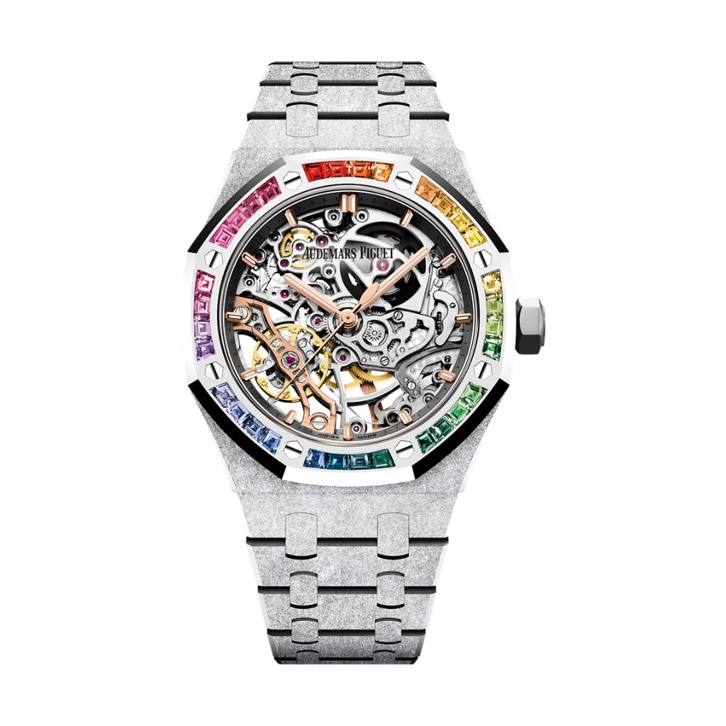 Audemars Piguet Royal Oak Frosted Gold Double Balance Wheel Openworked 37 mm Transparent Dial with Diamonds 18-Carat White Gold Bracelet 15468BC.YG.1259BC.01-B - Wrist Boutique
