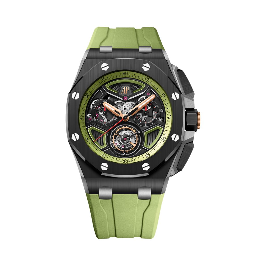 Audemars Piguet Royal Oak Offshore Selfwinding Flying Tourbillon Chronograph 43 mm Black And Green Dial Ceramic Rubber Strap 26622CE.OO.D062CA.01 - Wrist Boutique