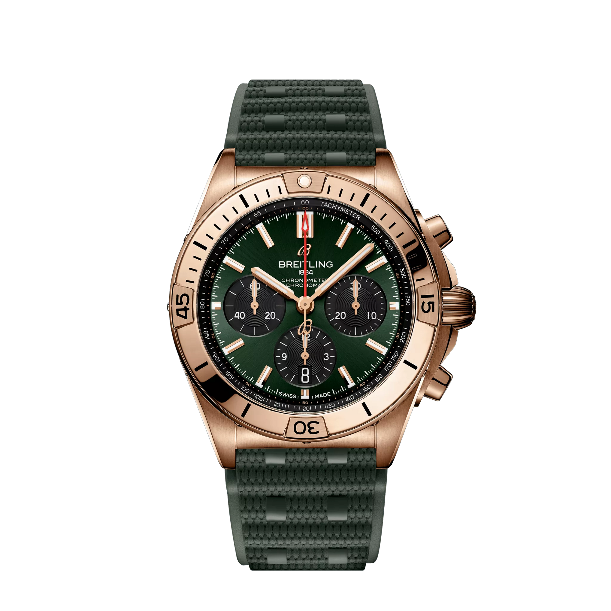 Breitling Chronomat B01 42 mm Green &amp; Black Dial 18K Red Gold Green Rubber Strap RB0134101L1S1 - WATCHXNYC