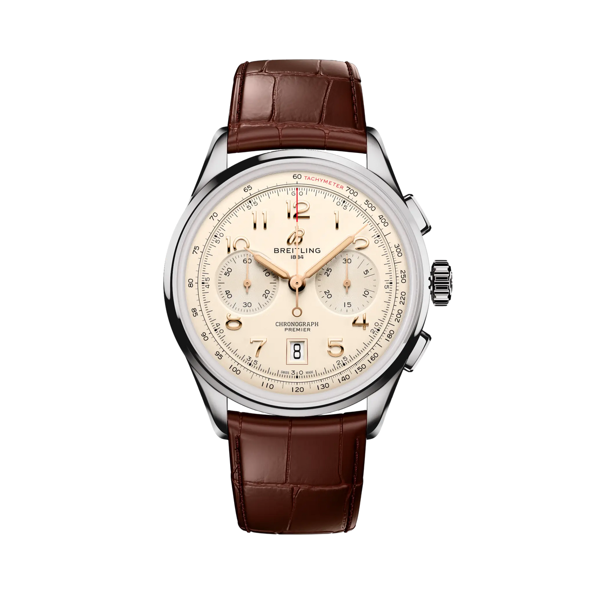 Breitling Premier B01 Chronograph 42 mm Champagne Dial Stainless Steel   Leather Brown Strap AB0145211G1P2 - WATCHXNYC