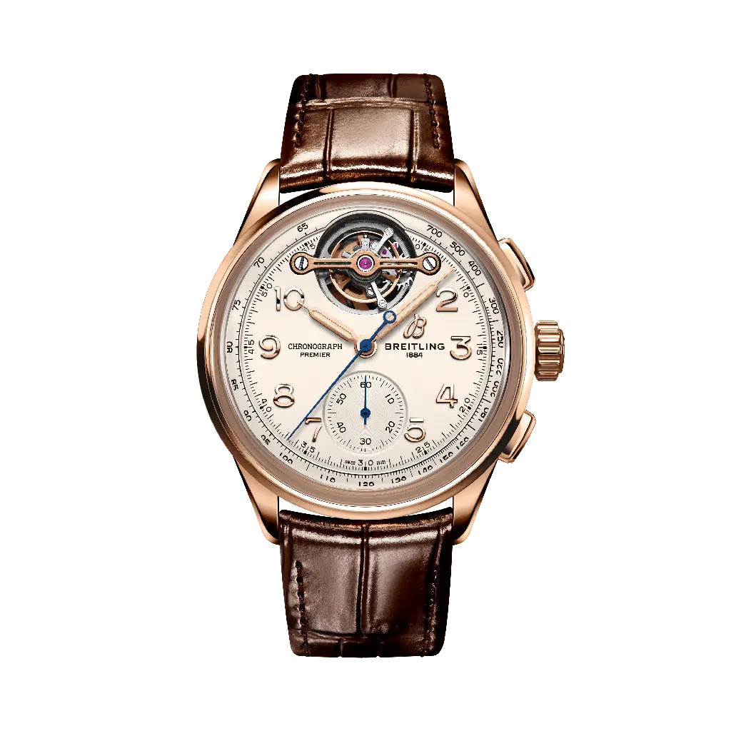 Breitling Premier B21 Chronograph Tourbillon 42 Gaston Breitling 42 mm White Dial 18K Red Gold   Leather Brown Strap RB2120211G1P1 - WATCHXNYC