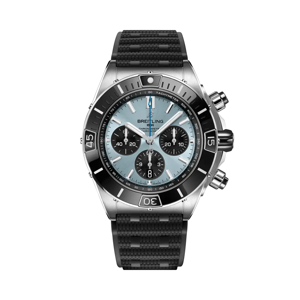 Breitling Super Chronomat B01 44 mm Ice-Blue Dial Stainless Steel &amp; Platinum Black Rubber Strap PB0136251C1S1 - WATCHXNYC