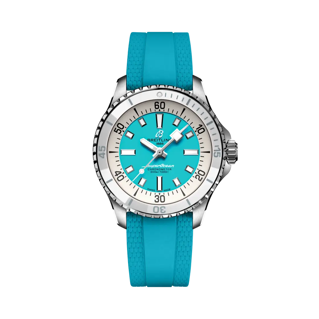 Breitling Superocean Automatic 36 mm  White And Sky Blue Dial Stainless Steel Rubber Turquoise Strap A17377211C1S1 - WATCHXNYC