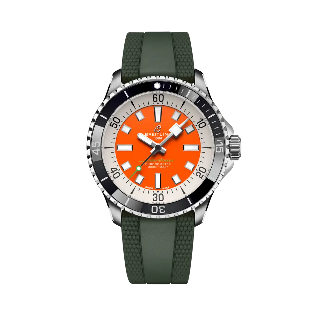 Breitling Superocean Automatic 42 Kelly Slater 42 mm Orange Dial Stainless Steel Green Rubber Strap A173751A1O1S1 - WATCHXNYC