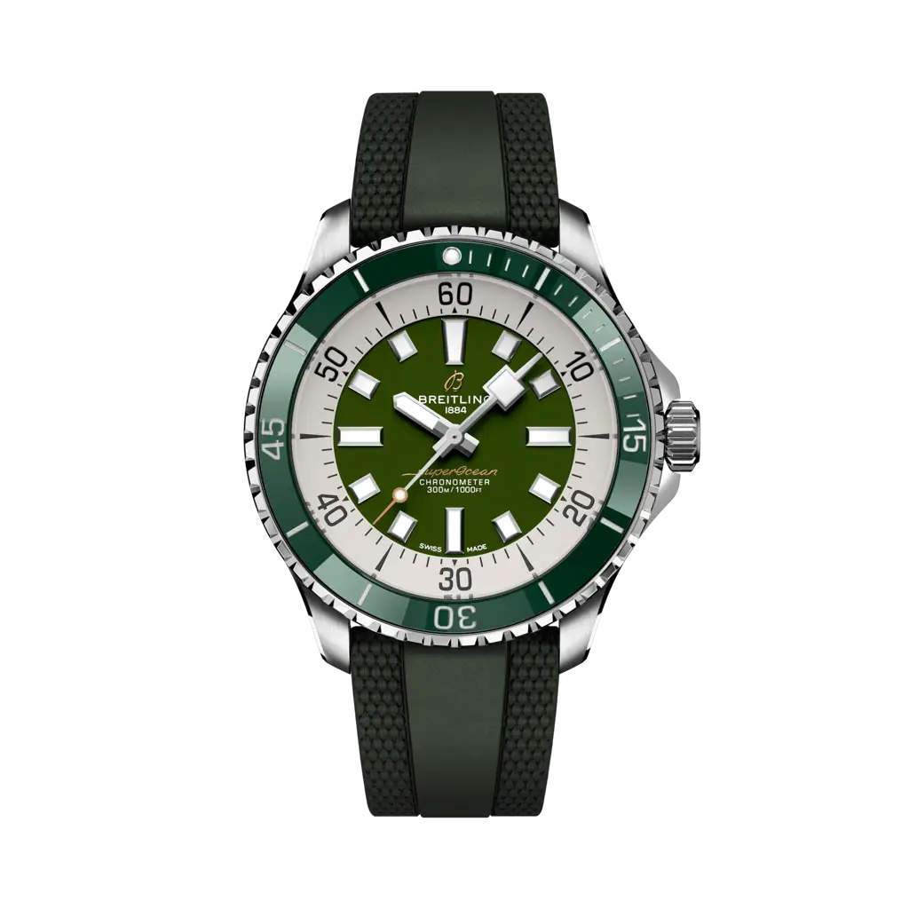 Breitling Superocean Automatic 44 mm Olive Green Dial Stainless Steel Rubber Green Strap A17376A31L1S1 - WATCHXNYC
