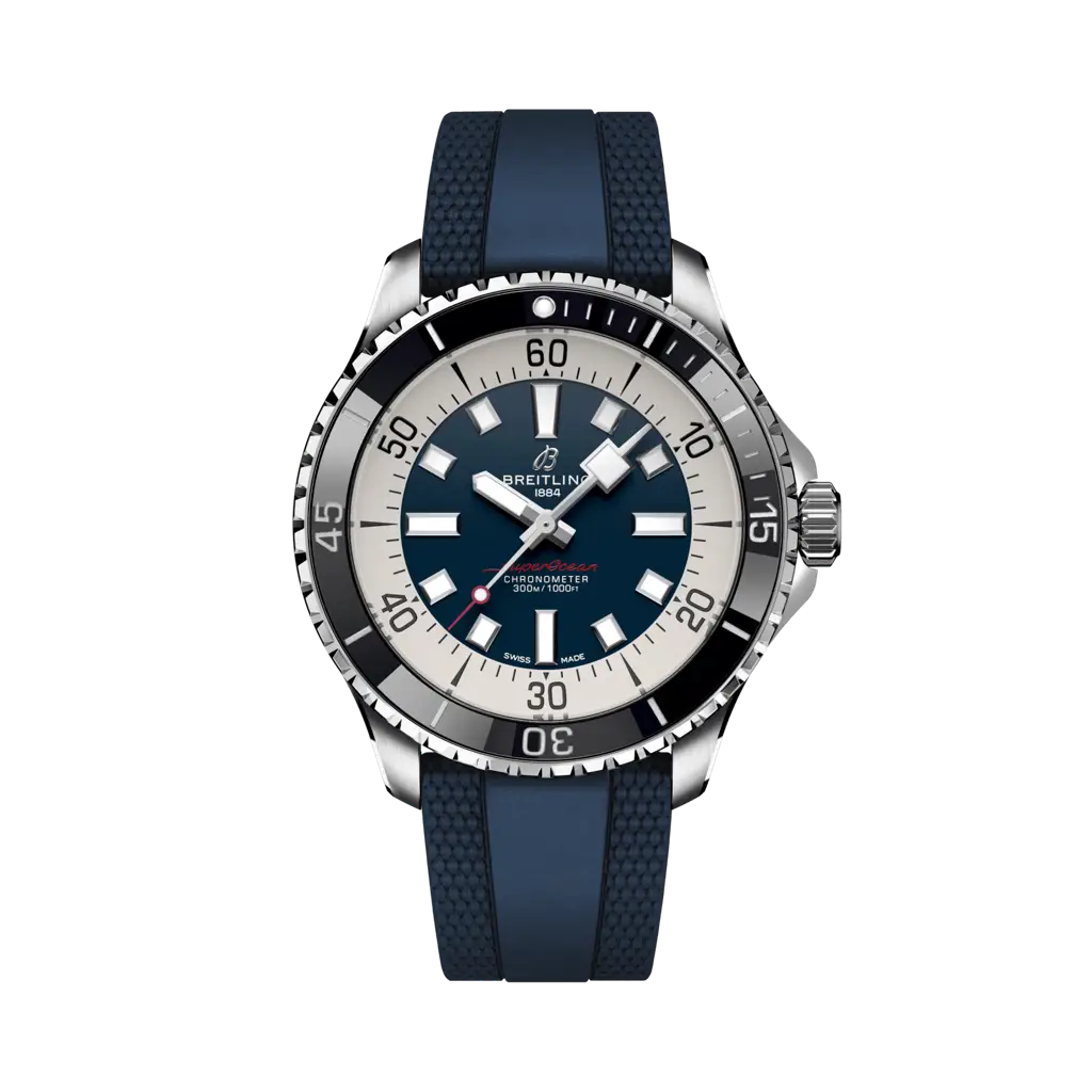 Breitling Superocean Automatic 44 mm  White And Blue Dial Stainless Steel Rubber Blue Strap A17376211C1S1 - WATCHXNYC
