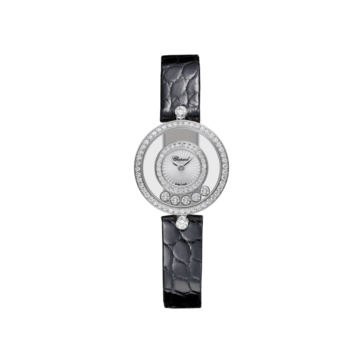 Chopard Happy Diamonds Icons 25.8 mm Guilloché Mother-Of-Pearl Dial with Diamonds 18K White Gold   Leather Strap 203957-1214 - WATCHXNYC