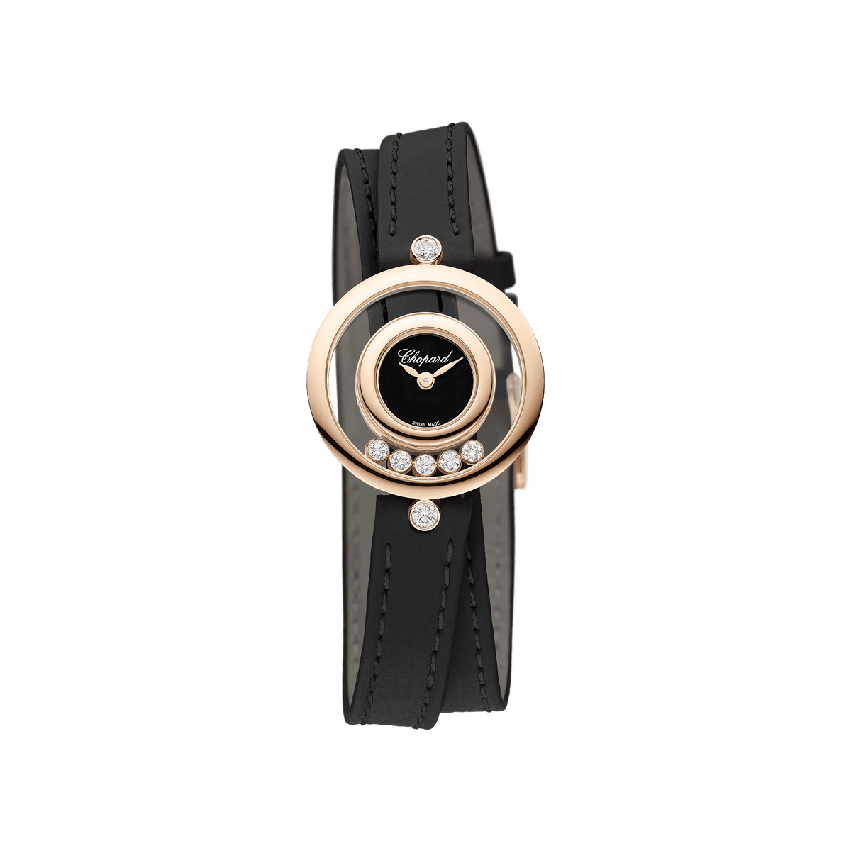 Chopard Happy Diamonds Icons 26 mm Black Dial with Diamonds 18k Rose Gold   Leather Strap 209415-5004 - WATCHXNYC