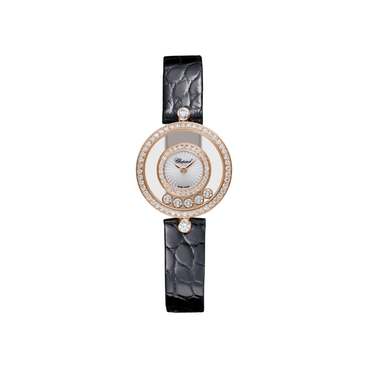 Chopard Happy Diamonds Icons 26 mm Guilloché Mother-Of-Pearl Dial with Diamonds 18k Rose Gold   Leather Strap 203957-5214 - WATCHXNYC