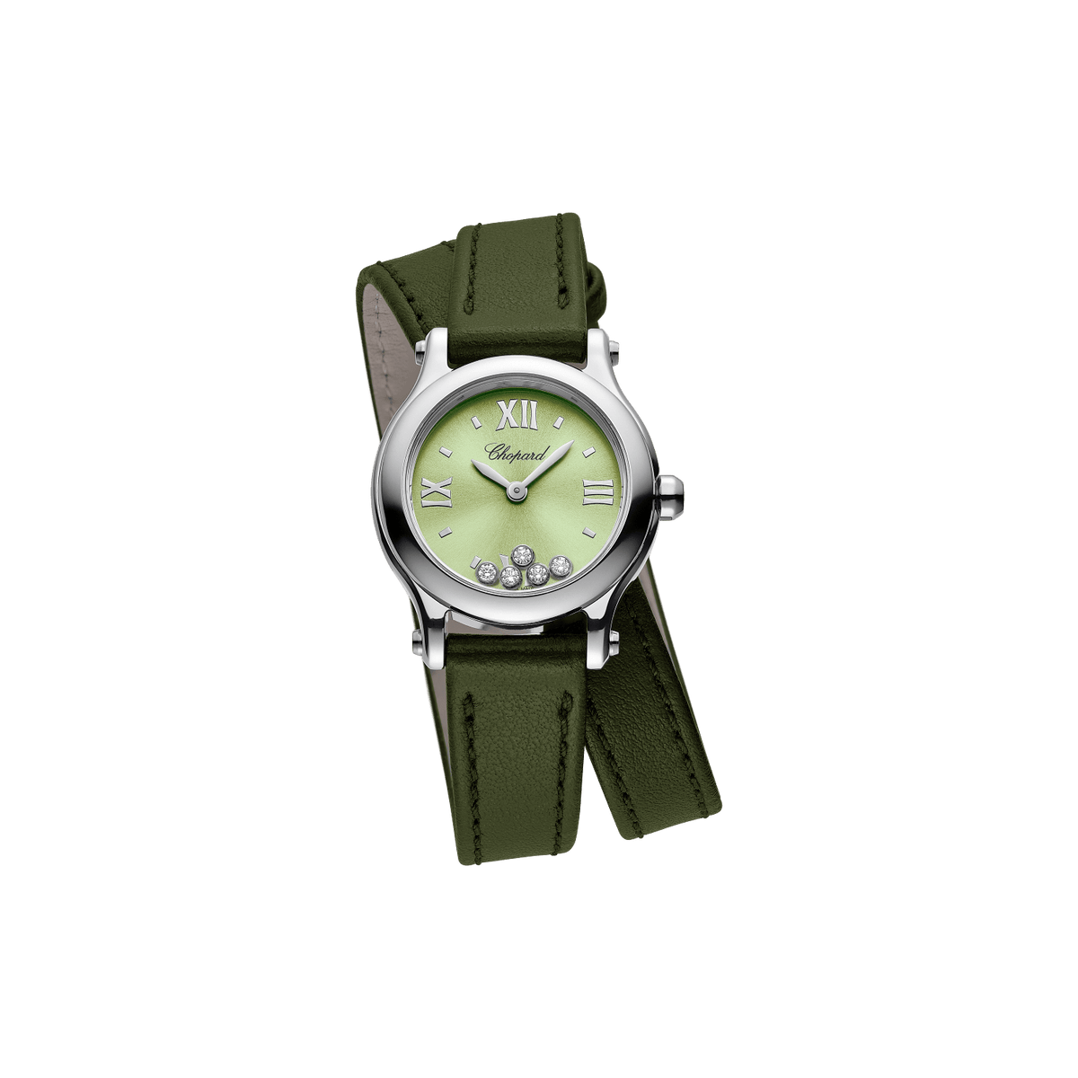 Chopard Happy Sport 25 mm Green Dial with Diamonds Stainless Steel   Leather Strap 278620-3005 - WATCHXNYC