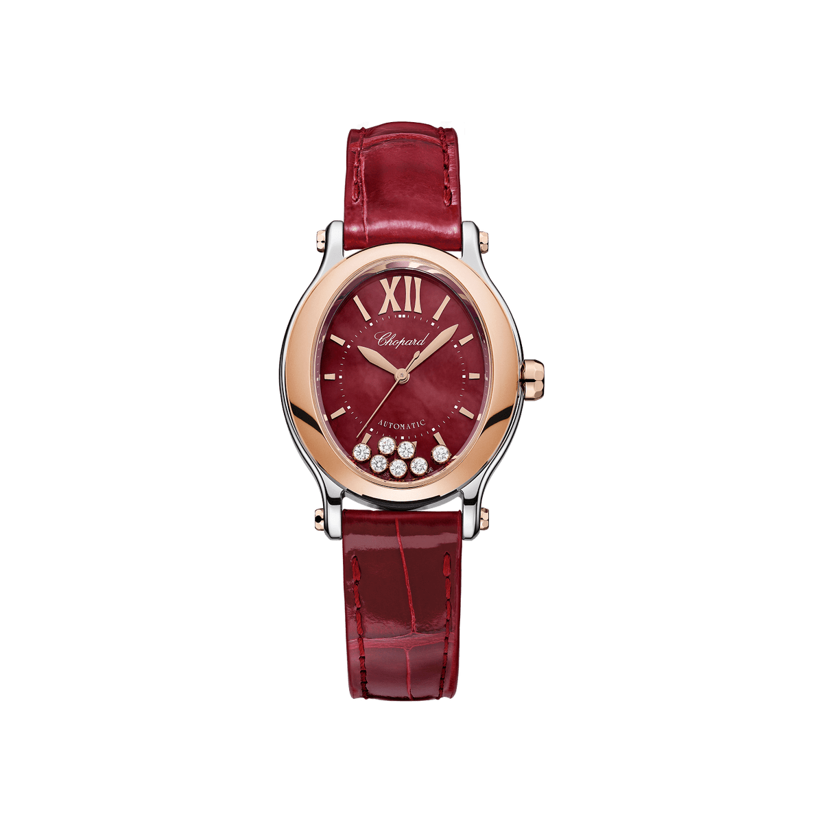 Chopard Happy Sport 29 x 31 mm Red Mother-Of-Pearl Dial with Diamonds 18K Rose Gold And Stainless Steel   Leather Strap 278602-6006 - WATCHXNYC