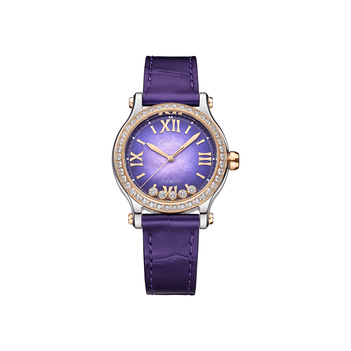 Chopard Happy Sport 33 mm Purple Textured Mother-Of-Pearl Dial with Diamonds 18K Rose Gold And Stainless Steel   Leather Strap 278608-6012 - WATCHXNYC