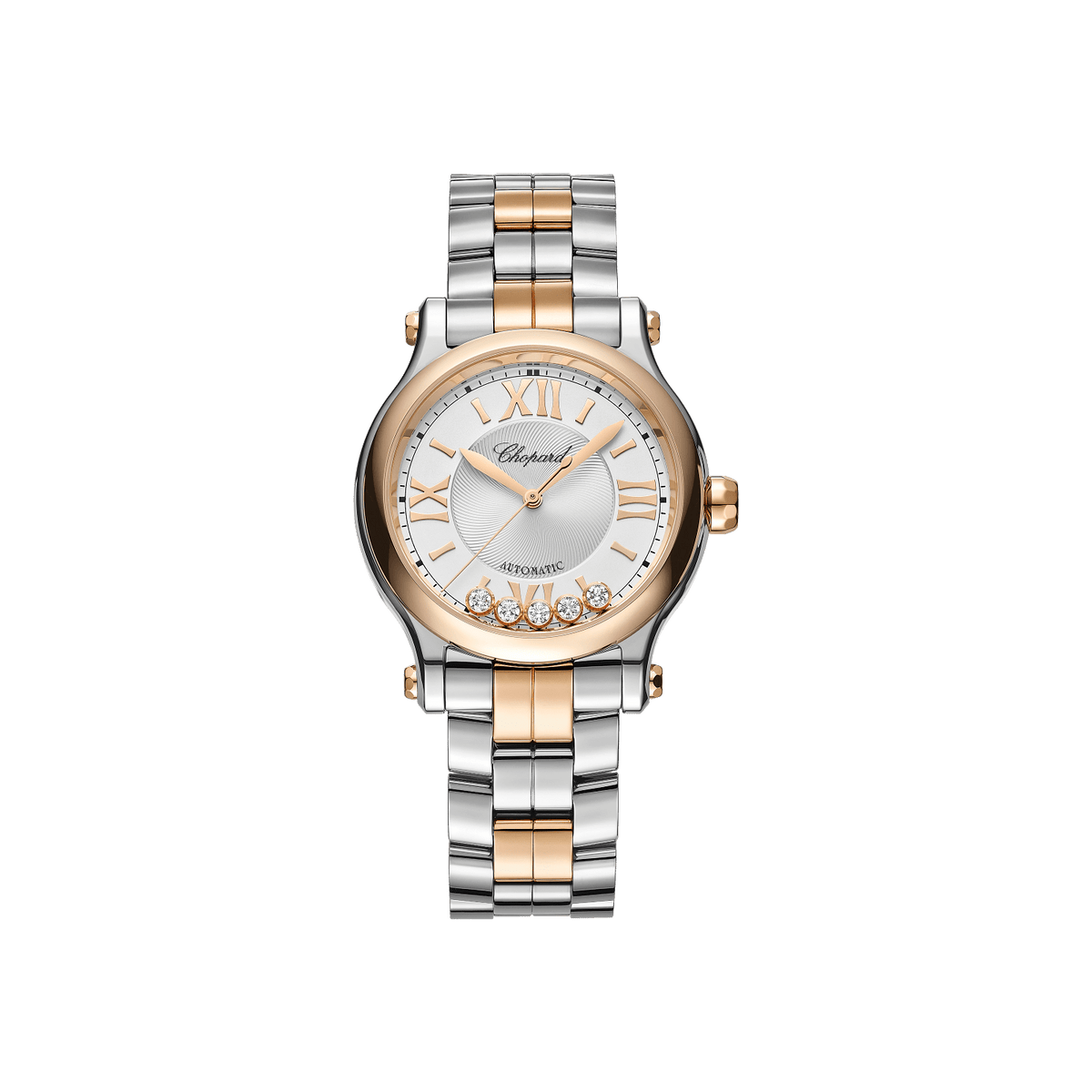 Chopard Happy Sport 33 mm Silver Dial with Diamonds 18K Rose Gold And Stainless Steel Bracelet 278608-6002 - WATCHXNYC