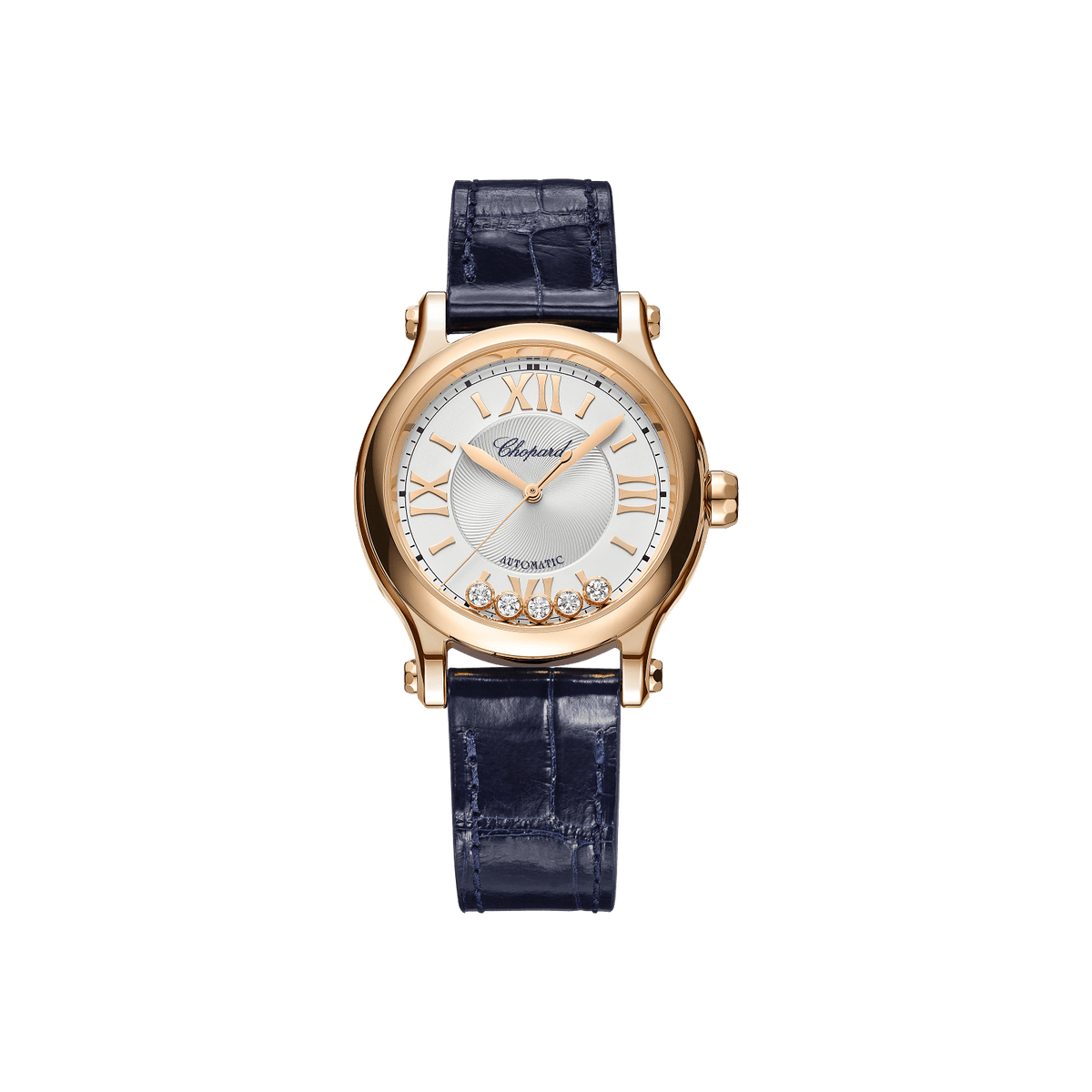 Chopard Happy Sport 33 mm Silver Dial with Diamonds 18k Rose Gold   Leather Strap 275378-5001 - WATCHXNYC