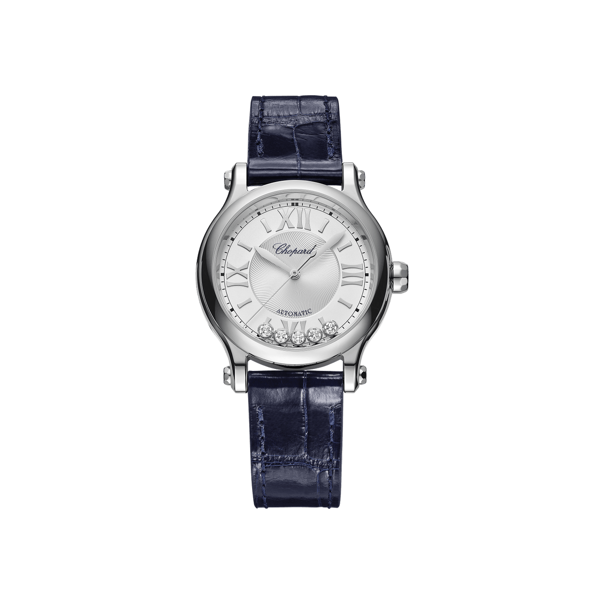 Chopard Happy Sport 33 mm Silver Dial with Diamonds Stainless Steel   Leather Strap 278608-3001 - WATCHXNYC