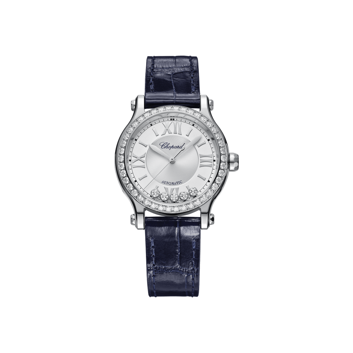 Chopard Happy Sport 33 mm Silver Dial with Diamonds Stainless Steel   Leather Strap 278608-3003 - WATCHXNYC