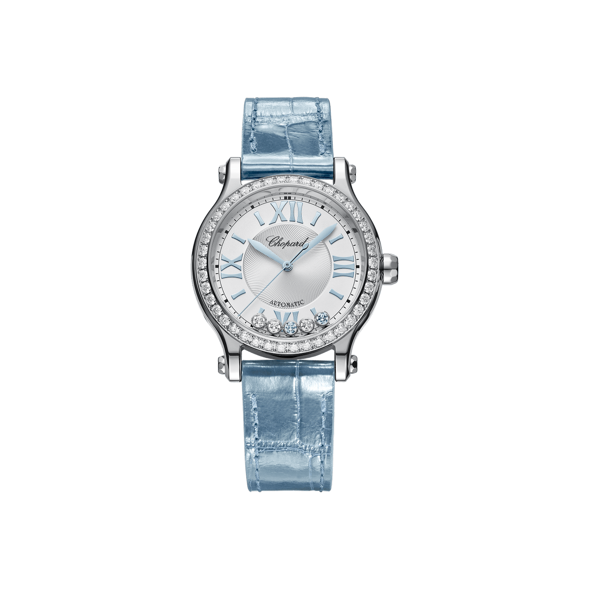 Chopard Happy Sport 33 mm Silver Dial with Diamonds Stainless Steel   Leather Strap 278608-3009 - WATCHXNYC