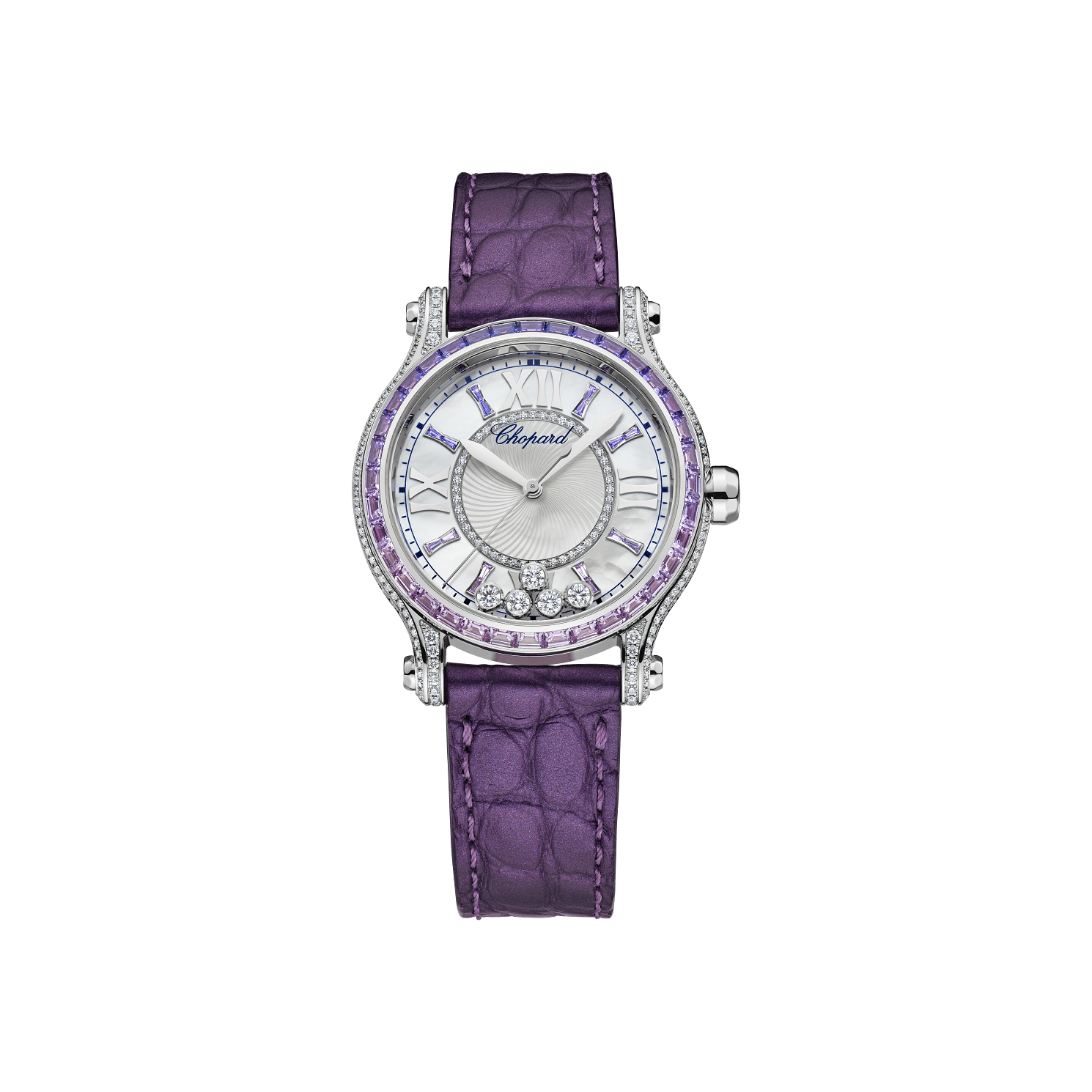 Chopard Happy Sport 33 mm Textured Mother-Of-Pearl Dial with Diamonds 18K White Gold   Leather Strap 275378-1002 - WATCHXNYC