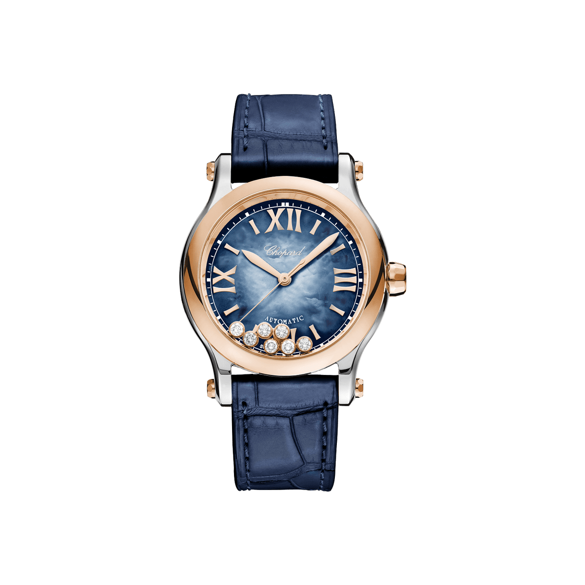 Chopard Happy Sport 36 mm Blue Mother-Of-Pearl Dial with Diamonds 18K Rose Gold And Stainless Steel   Leather Strap 278578-6003 - WATCHXNYC