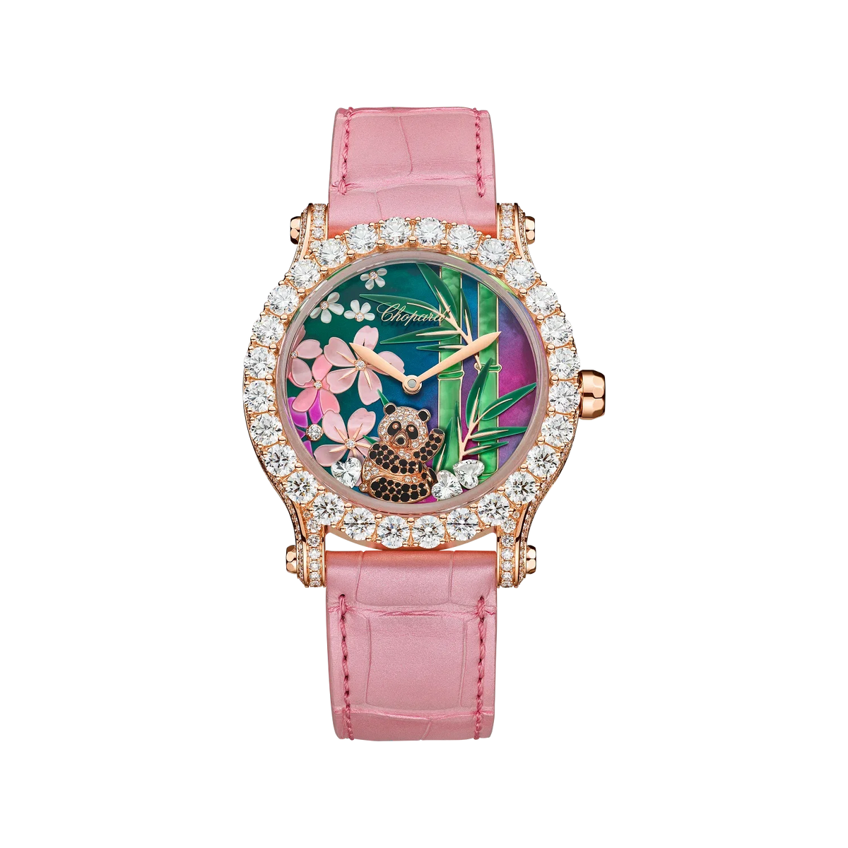 Chopard HAPPY SPORT MÉTIERS D'ART 40 mm Pink Dial with Diamonds 18k Rose Gold   Leather Strap 274425-5003 - WATCHXNYC