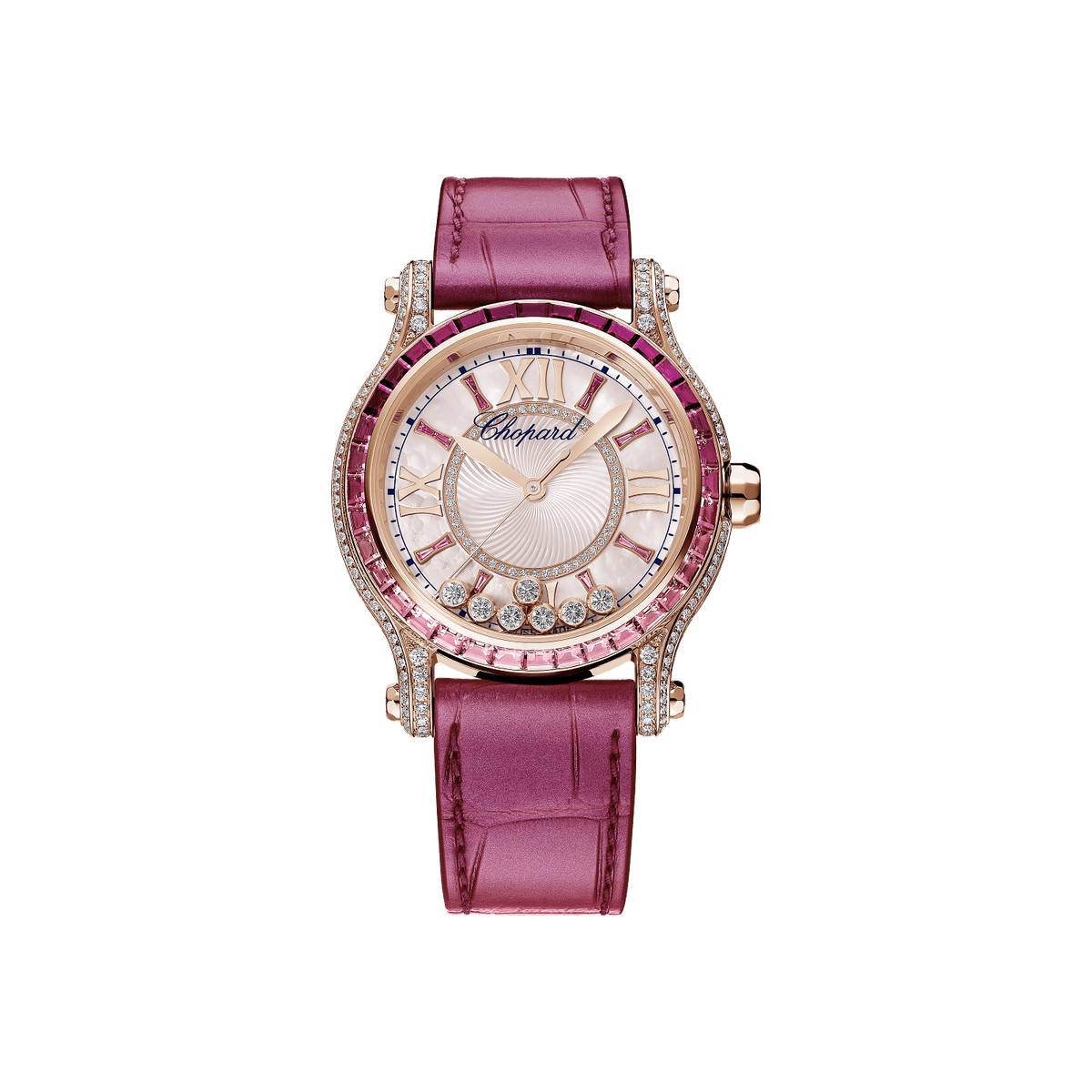 Chopard Happy Sport Rose de Caroline 36 mm Pink Mother-Of-Pearl Dial with Diamonds 18k Rose Gold   Leather Strap 274891-5025 - WATCHXNYC