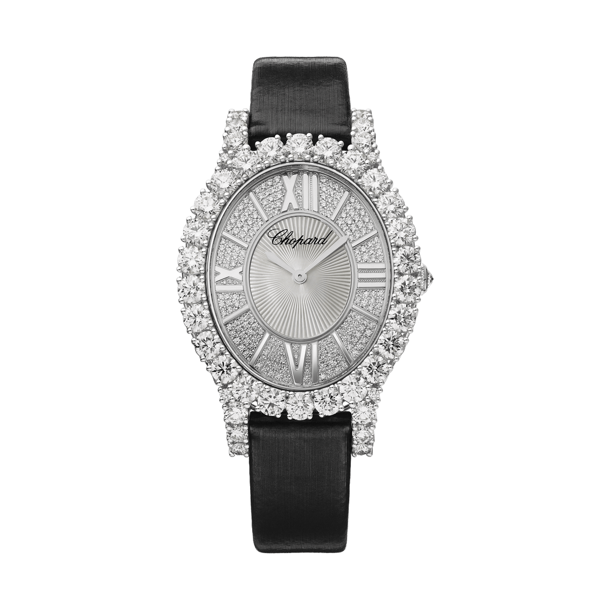 Chopard L'Heure du Diamant 40 mm Diamond Paved Dial 18K White Gold Satin Strap 139383-1201 - WATCHXNYC