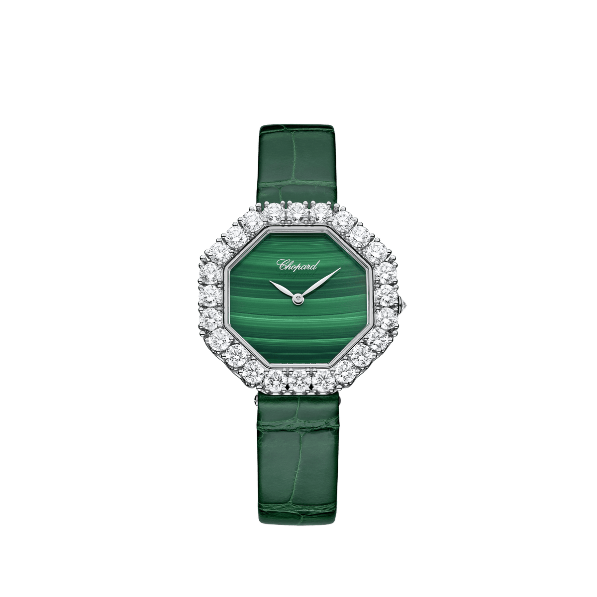 Chopard L'Heure Du Diamant Octagonal 32 mm Green Dial with Diamonds 18K White Gold   Leather Strap 13A097-1111 - WATCHXNYC