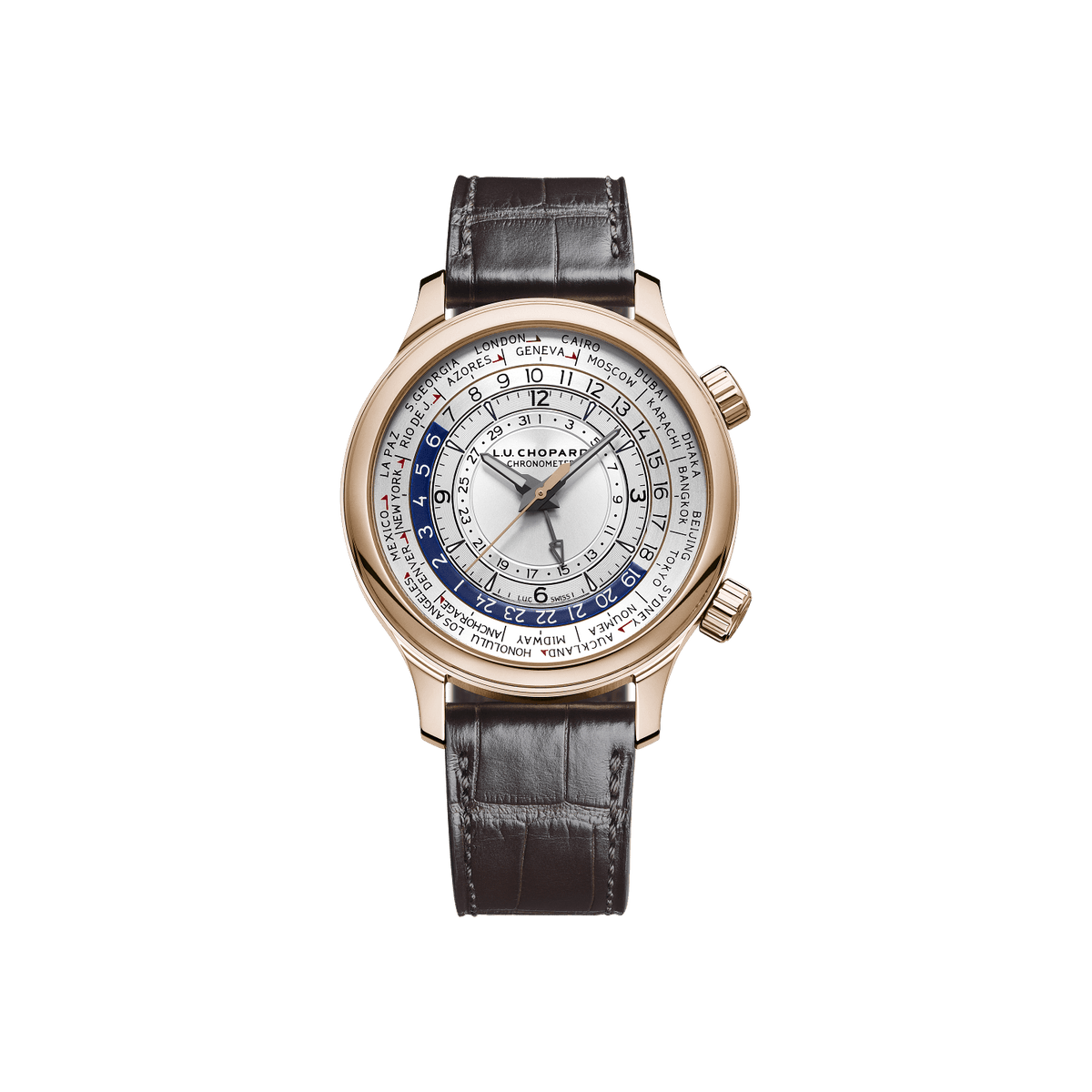 Chopard L.U.C Time Traveler One 42 mm Silver Dial 18k Rose Gold   Leather Strap 161942-5001 - WATCHXNYC