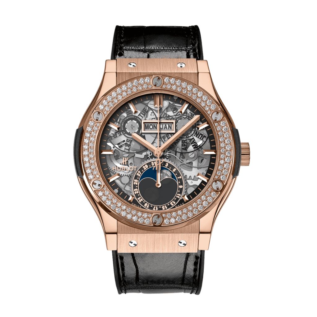 Hublot Classic Fusion Aerofusion Moonphase King with Diamonds Gold Diamonds 42 mm Transparent Dial 18K King Gold   Leather Strap 547.OX.0180.LR.1104 - Wrist Boutique