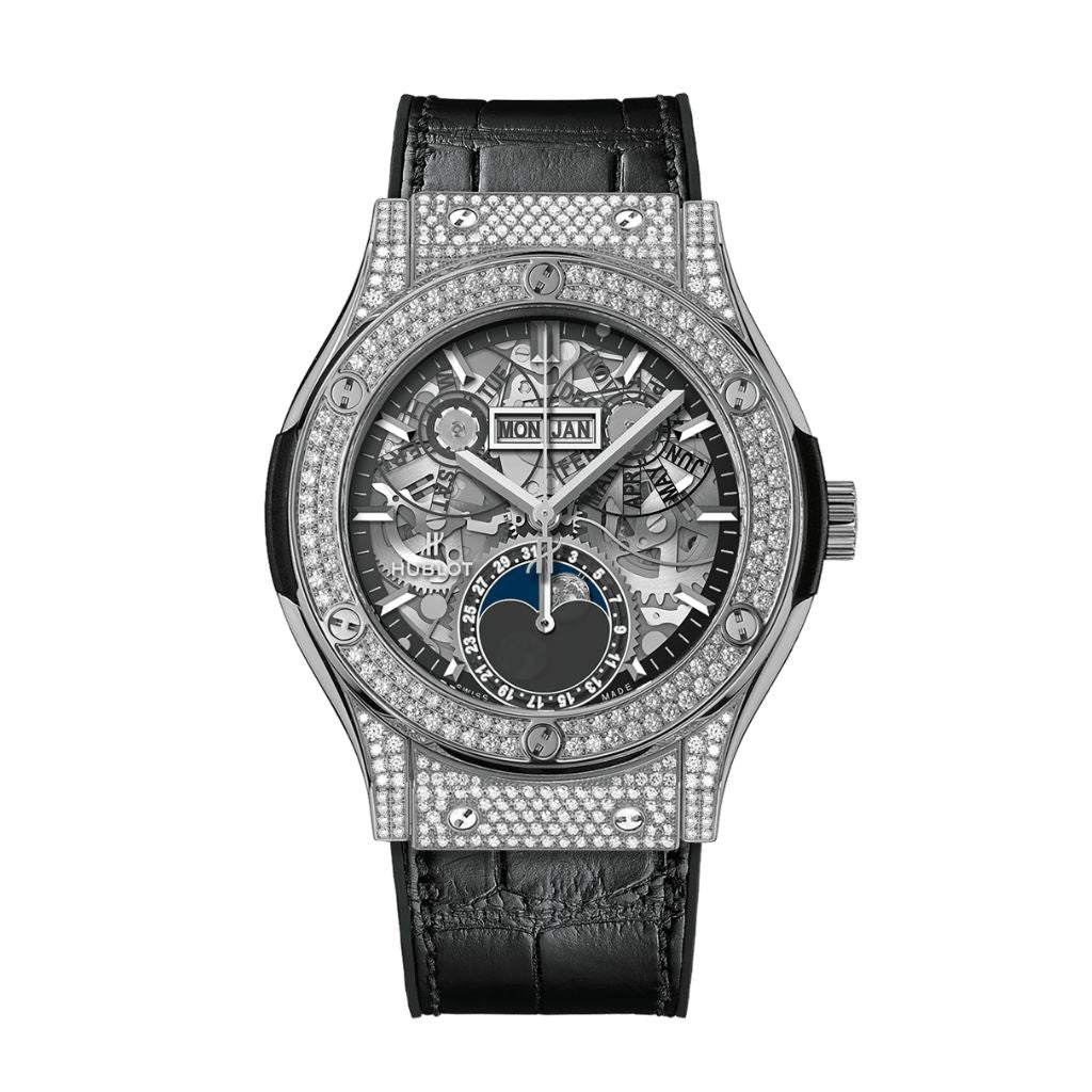 Hublot Classic Fusion Aerofusion Moonphase Titanium Pavé 42 mm Transparent Dial with Diamonds Polished Titanium   Leather Strap 547.NX.0170.LR.1704 - Wrist Boutique