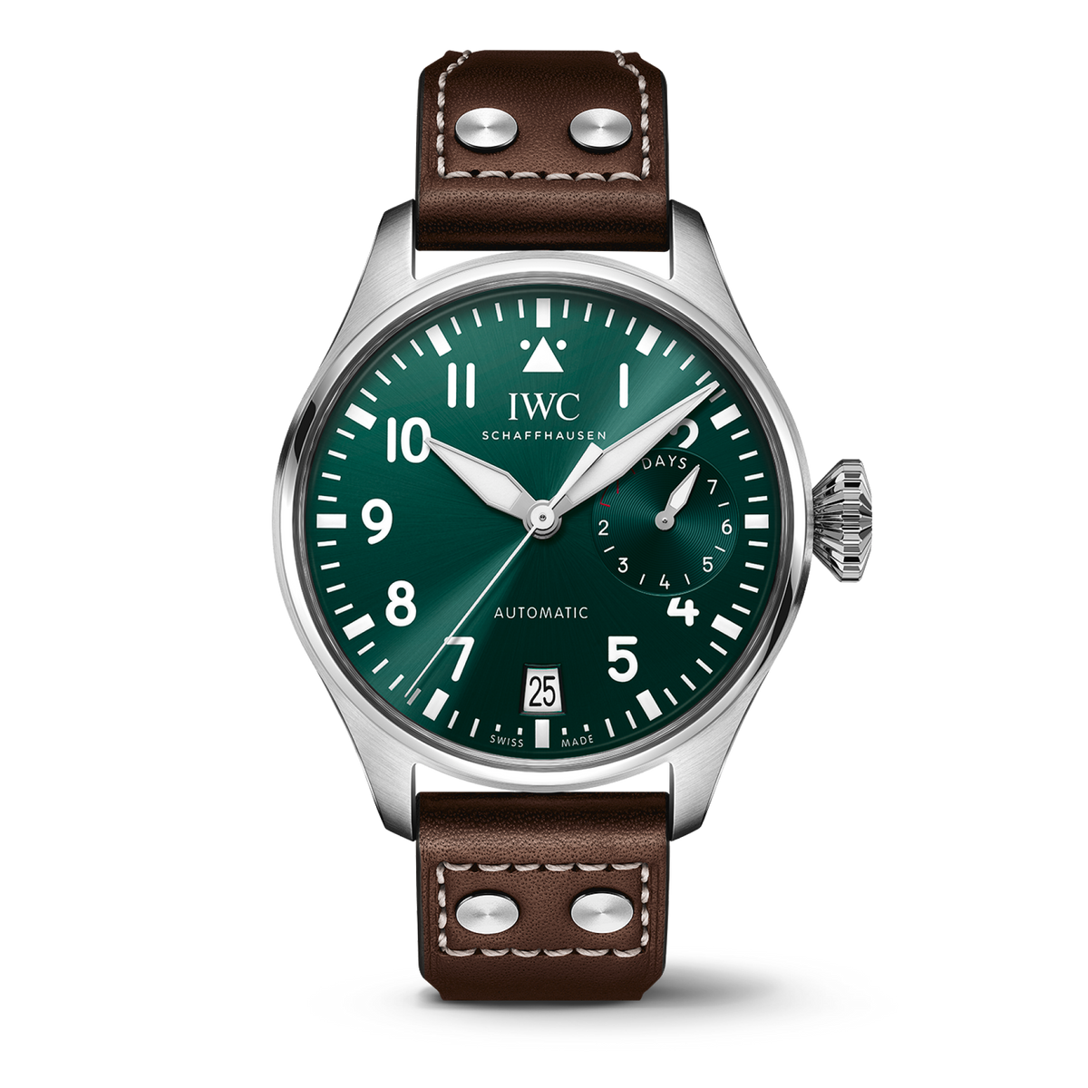 IWC Schaffhausen Big Pilot’s Watch 46.2  mm Green  Dial Stainless Steel  Brown   Strap IW501015 - WATCHXNYC