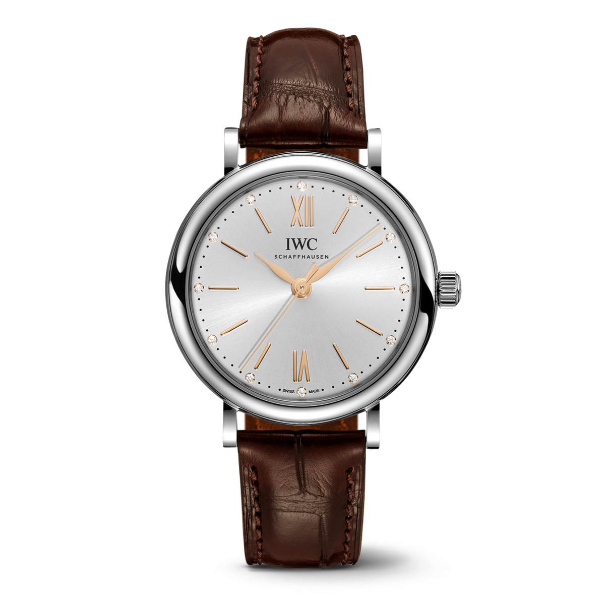IWC Schaffhausen Portofino Automatic 34 mm Silver  Dial Stainless Steel Dark Brown   Leather Strap IW357403 - WATCHXNYC