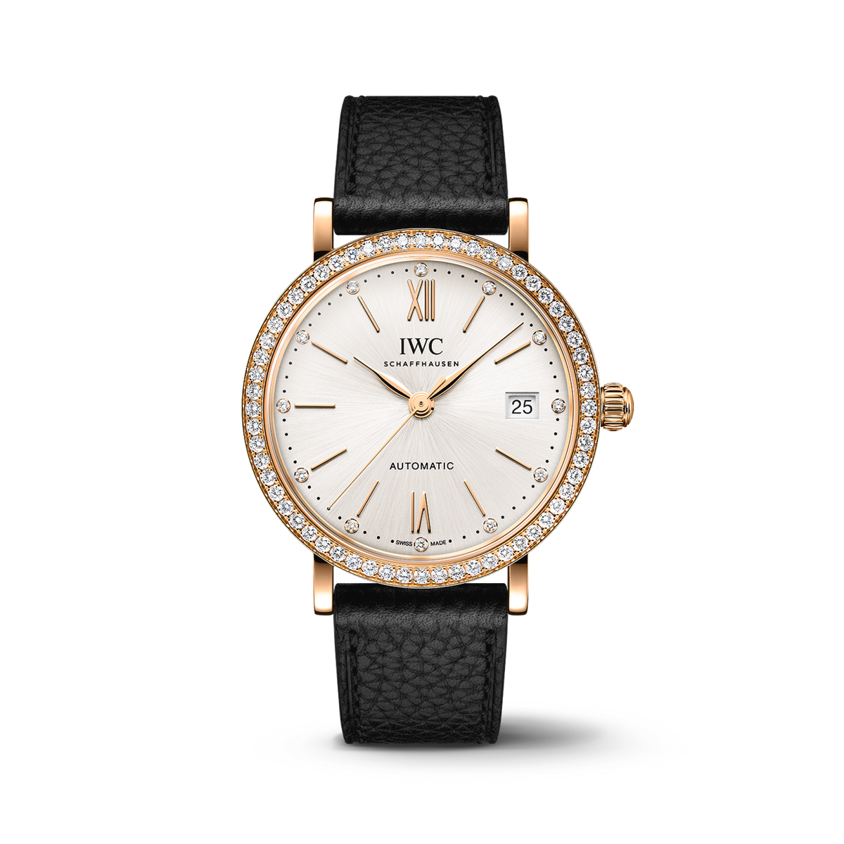 IWC Schaffhausen Portofino Automatic 37 mm Silver  Dial 18 Kt 5N Gold Case Black   Strap IW658603 - WATCHXNYC