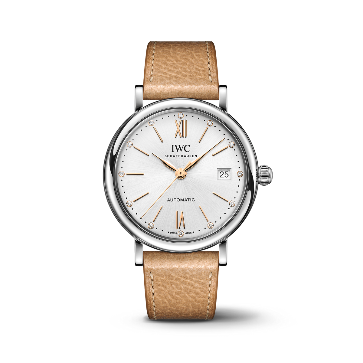IWC Schaffhausen Portofino Automatic 37 mm Silver  Dial Stainless Steel Beige   Strap IW458601 - WATCHXNYC