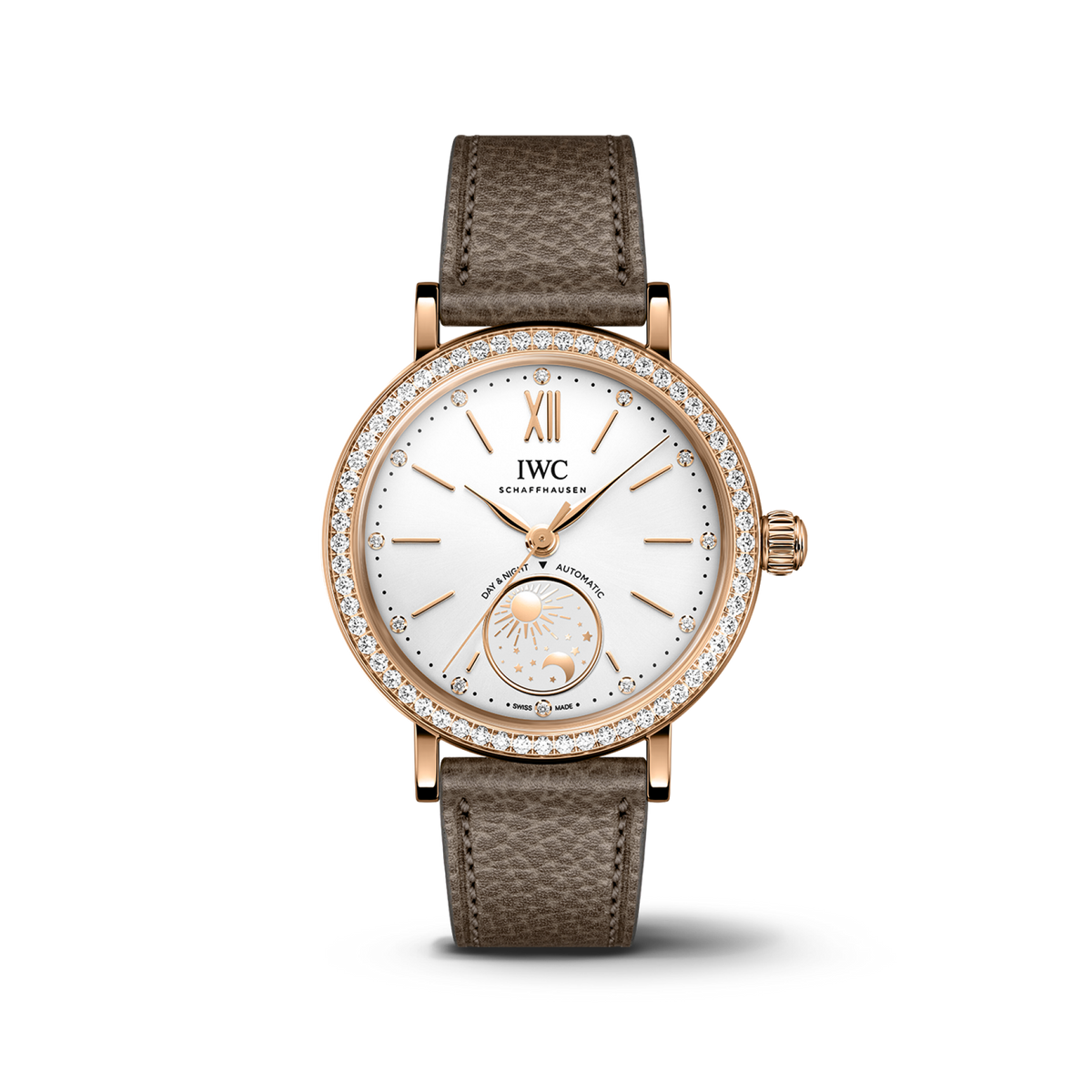 IWC Schaffhausen Portofino Automatic Day & Night 34 mm Silver  Dial 18 Kt 5N Gold Case Taupe   Strap IW659802 - WATCHXNYC