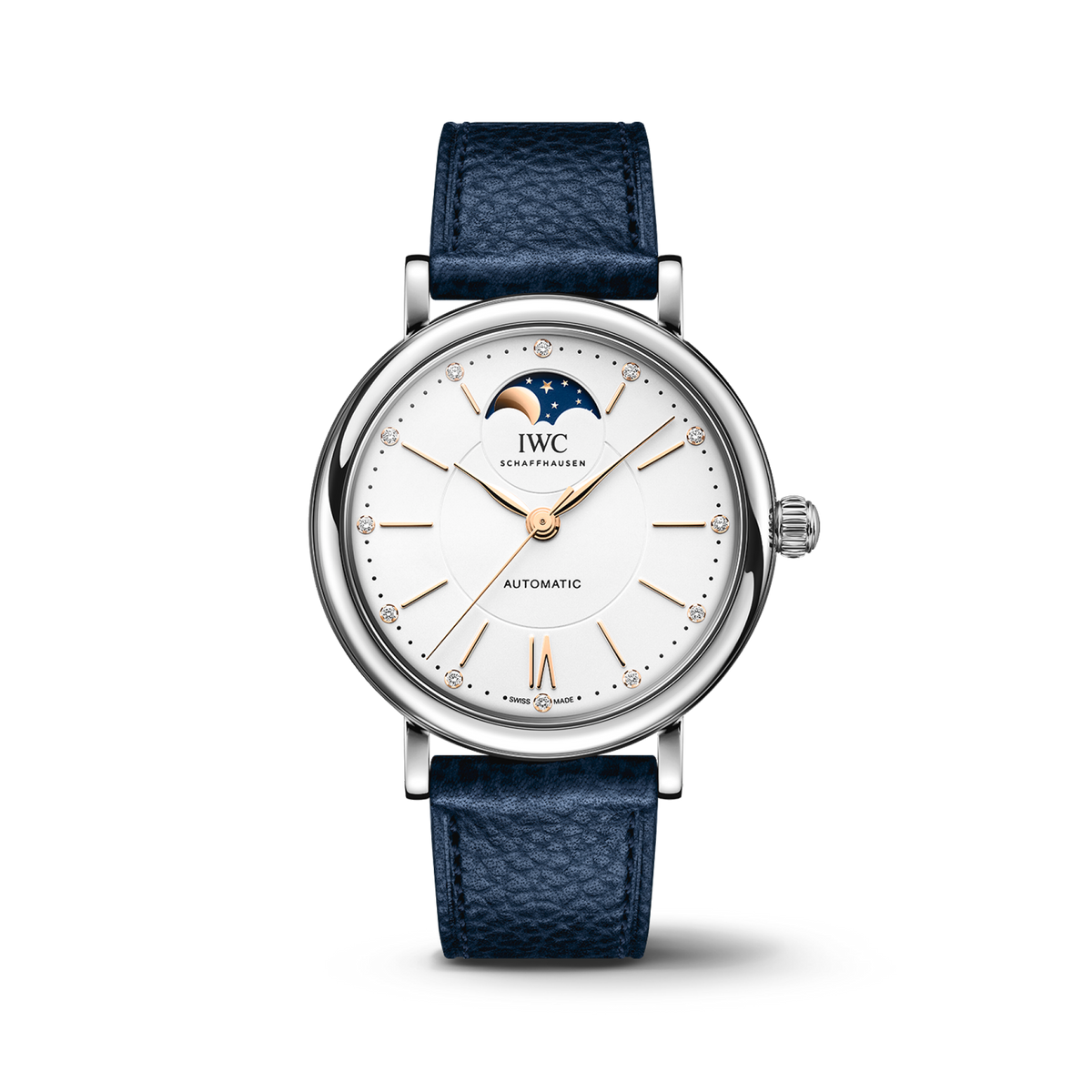 IWC Schaffhausen Portofino Automatic Moon Phase 37.1 mm Silver  Dial Stainless Steel Blue   Strap  IW459601 - WATCHXNYC